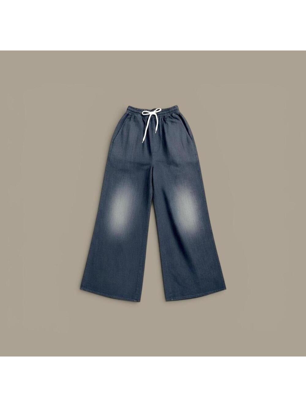 Faded Wide Leg Denim Pants with Drawstring Waist